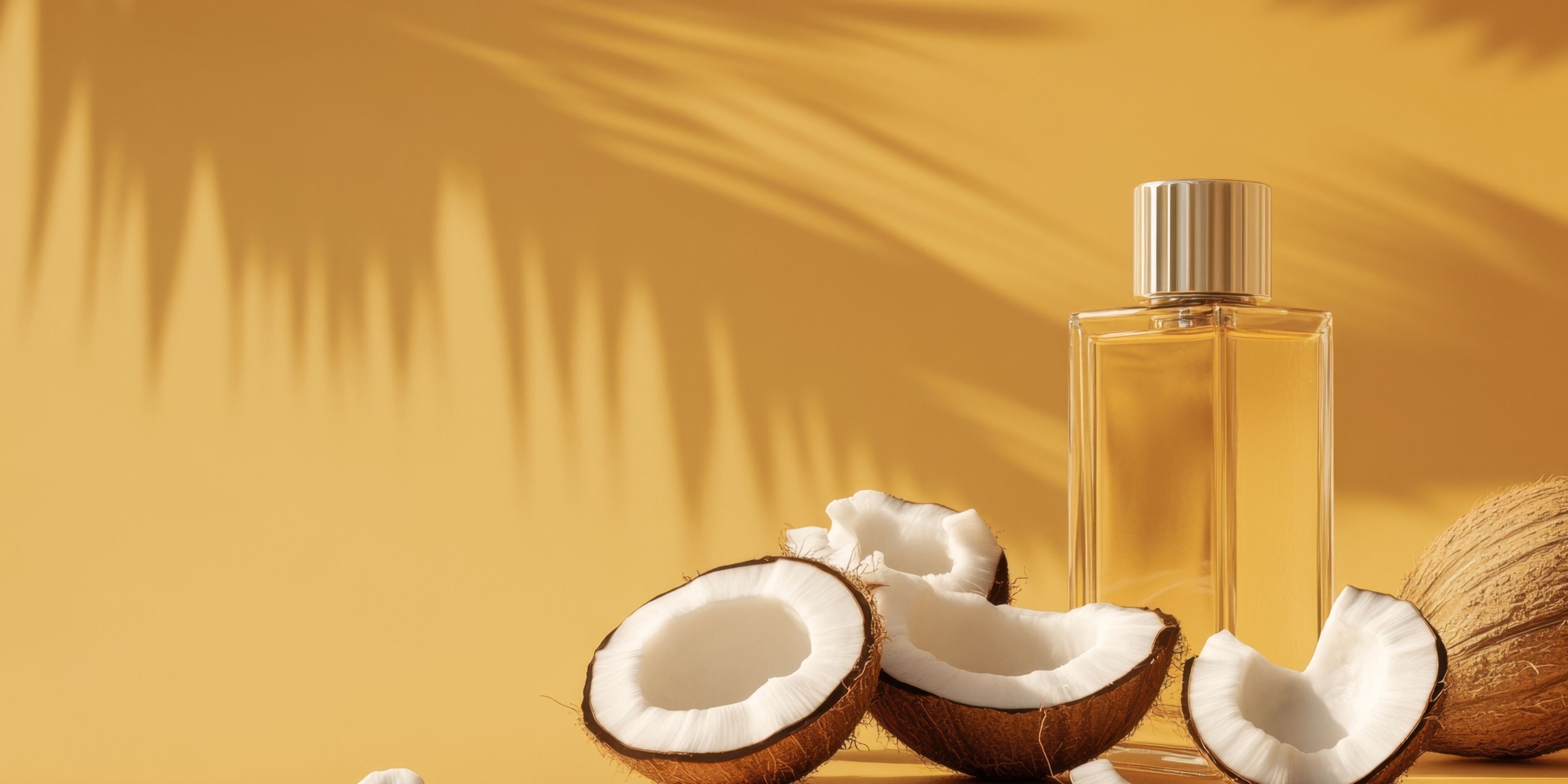 Parfum Flacon mit Kokos auf gelbem Hintergrund
